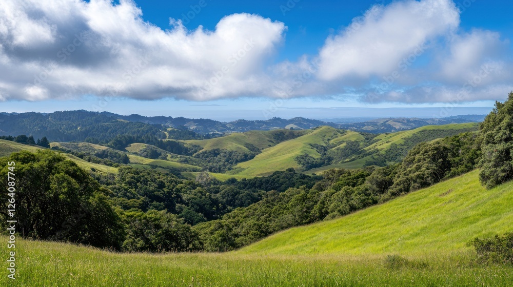 Obraz premium Rolling green hills, sunny valley vista, cloudscape background, nature tourism