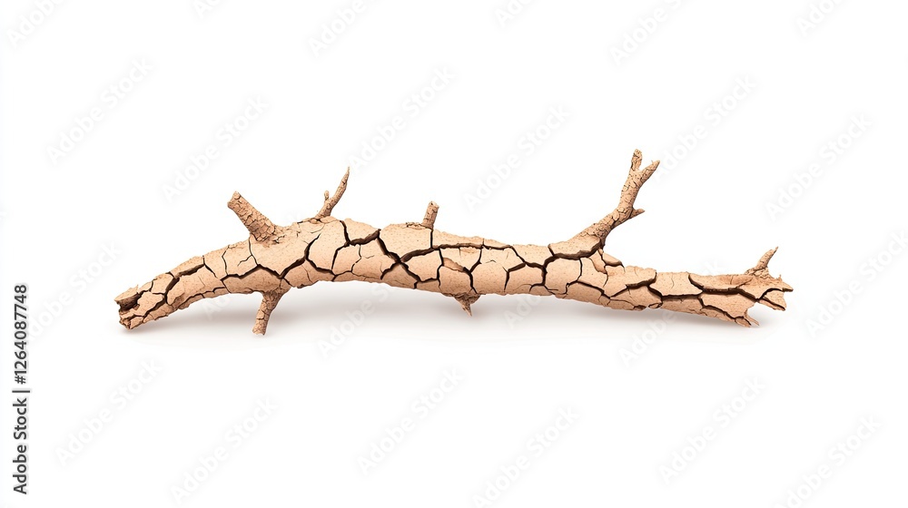 Fototapeta premium Dry, cracked branch isolated on a white background, showcasing natural textures for design use