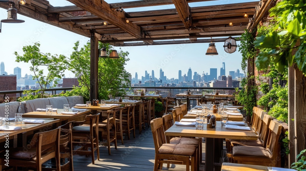 Fototapeta premium Elegant rooftop restaurant with panoramic views, wooden tables, and modern decor