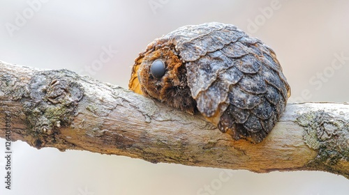 Camouflaged pupa resting on branch, blurred background, nature photography photo