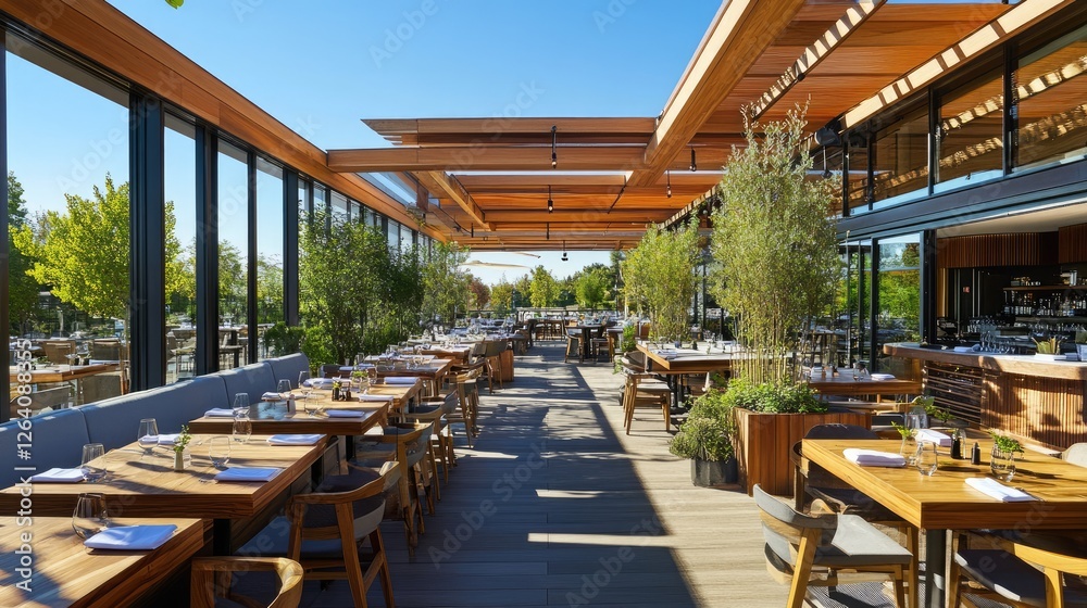 Fototapeta premium Elegant rooftop restaurant with panoramic views, wooden tables, and modern decor