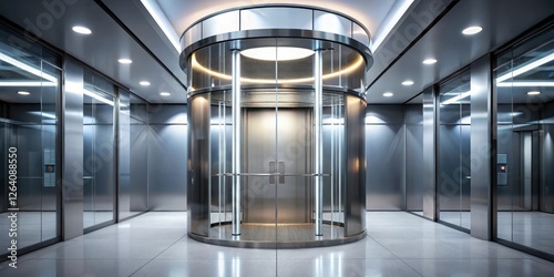 Sleek modern glass cylindrical elevator interior with a minimalist aesthetic and geometric lighting fixtures, sleek