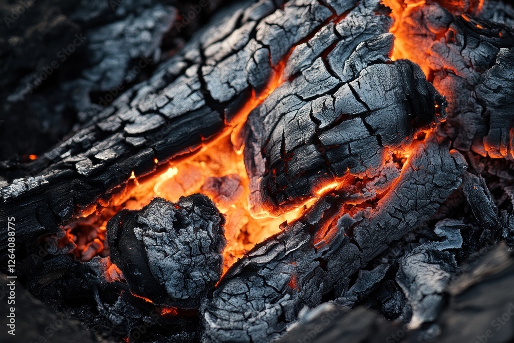Glowing embers in cracked wood, campfire close-up, outdoor night, heat