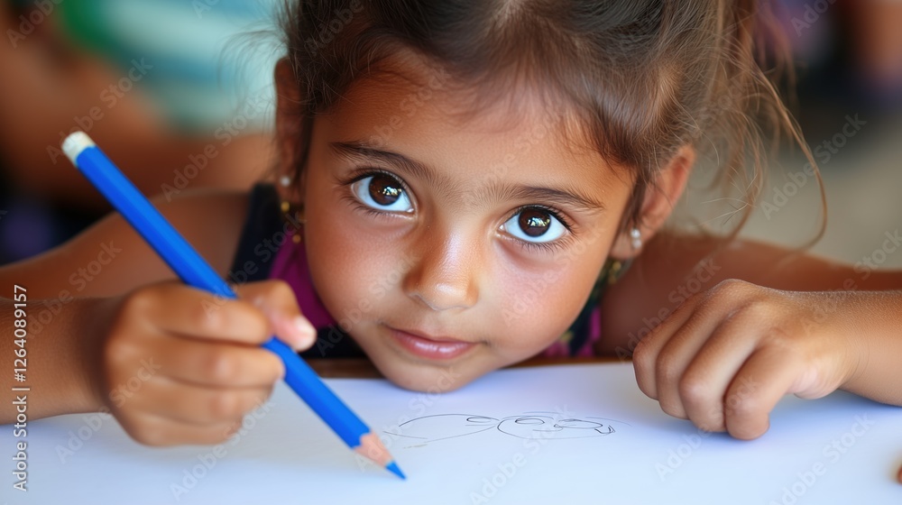 Focused Young Artist: A young girl with expressive eyes intently focuses on drawing with a blue pencil, showcasing her creativity and concentration. Focused Young Artist: A young girl with expressive eyes intently focuses on drawing with a blue pencil, showcasing her creativity and concentration.