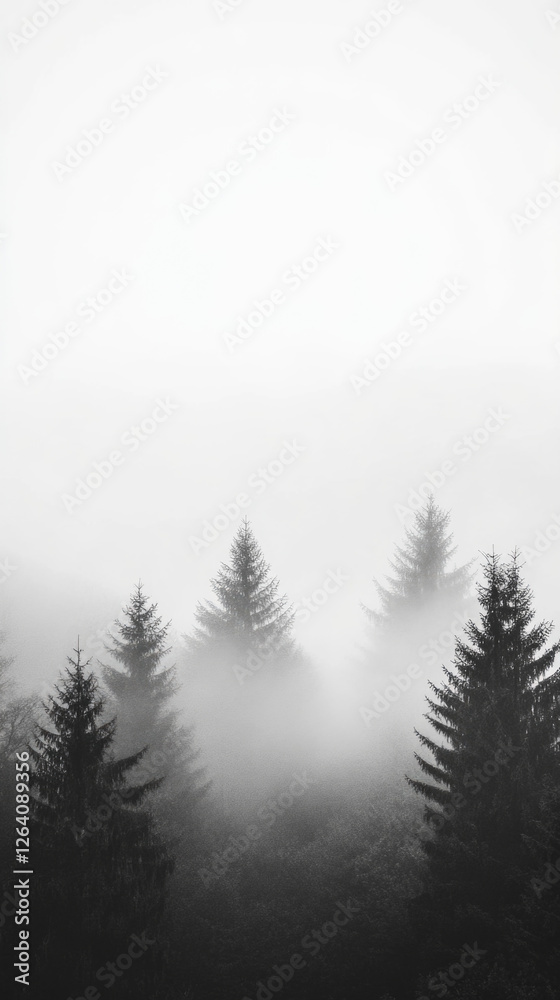 Fototapeta premium Misty mountain forest landscape with fog enveloping towering trees