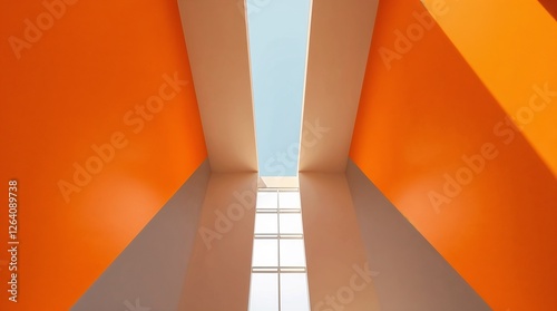Architectural view of orange walls and skylight, modern interior design, minimalistic geometric shapes photo