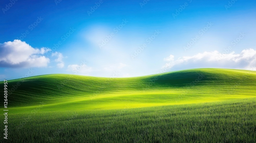 Fototapeta premium Sunny rolling green hills landscape, vibrant nature background, idyllic pastoral scene