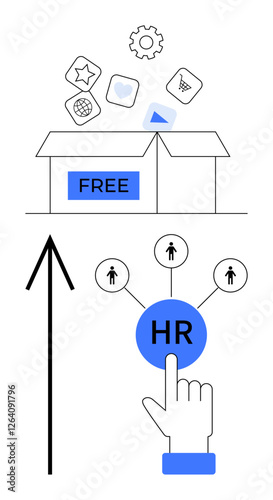 Open box with free apps, cogwheel, upward arrow, HR selection represented by hand clicking circle connected to people icons. Ideal for HR, apps integration, recruitment, career development, online