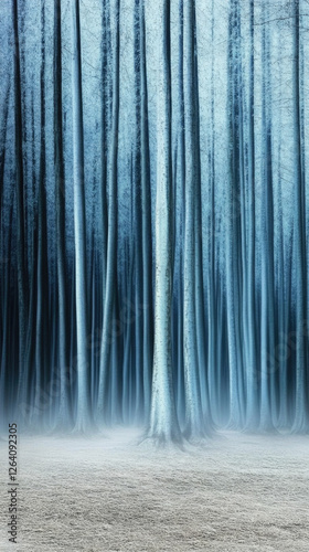 Misty teal forest with faded trees creates a serene atmosphere