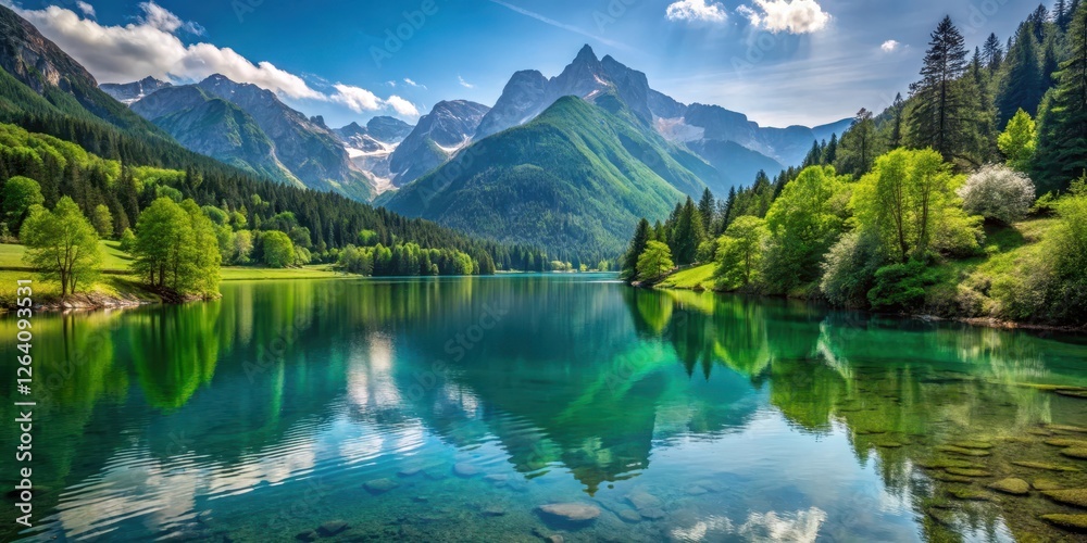 Fototapeta premium Serene lake surrounded by lush greenery and towering mountains in the Swiss Alps , alpine lake, mountain scenery