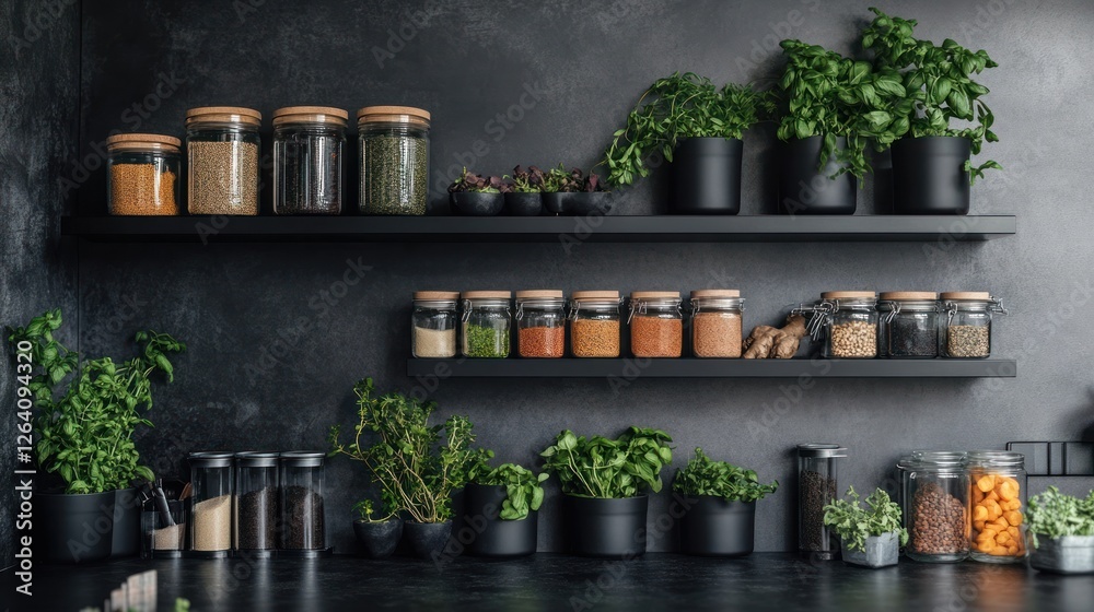 Fototapeta premium Dark kitchen shelves spices herbs storage pantry organization
