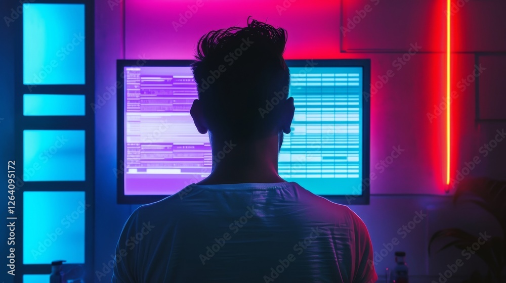 A cyberpunk hacker sits in a neon-lit room, surrounded by glowing computer screens displaying futuristic data. A moody and immersive digital aesthetic. AI generated.