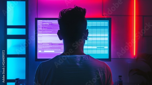 Obraz na płótnie A cyberpunk hacker sits in a neon-lit room, surrounded by glowing computer screens displaying futuristic data. A moody and immersive digital aesthetic. AI generated. w salonie