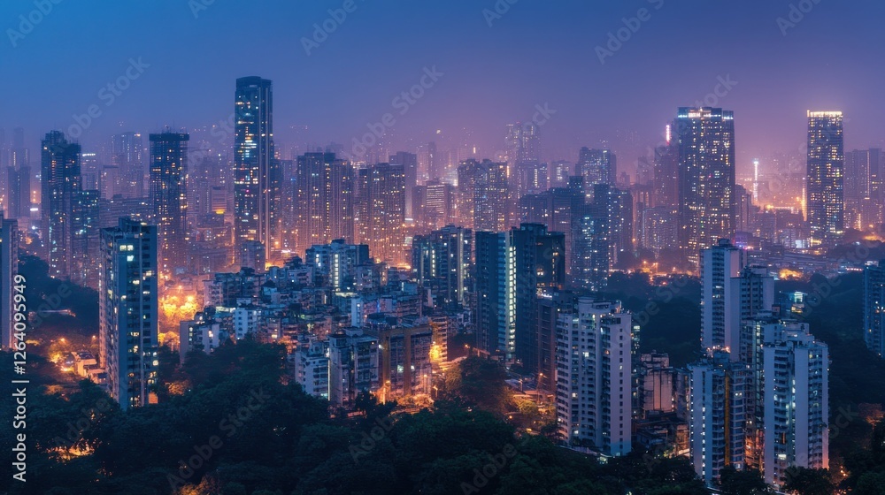 Fototapeta Night city skyline, aerial view, illuminated buildings, misty hills, urban development