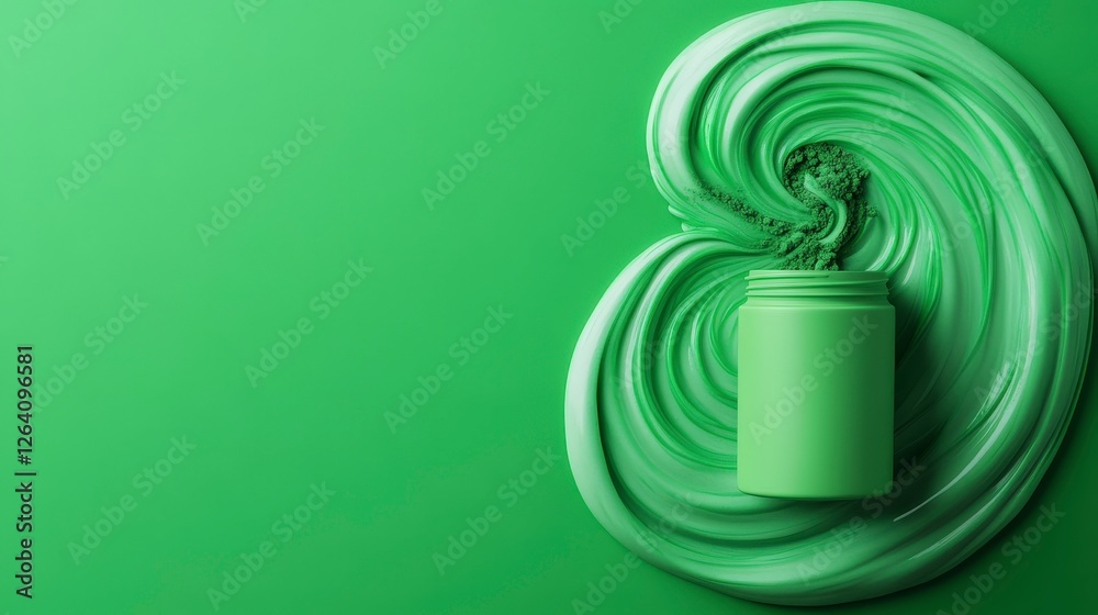 Obraz premium Vibrant Green Paint Swirl with Jar on a Bright Green Background for Creative Projects
