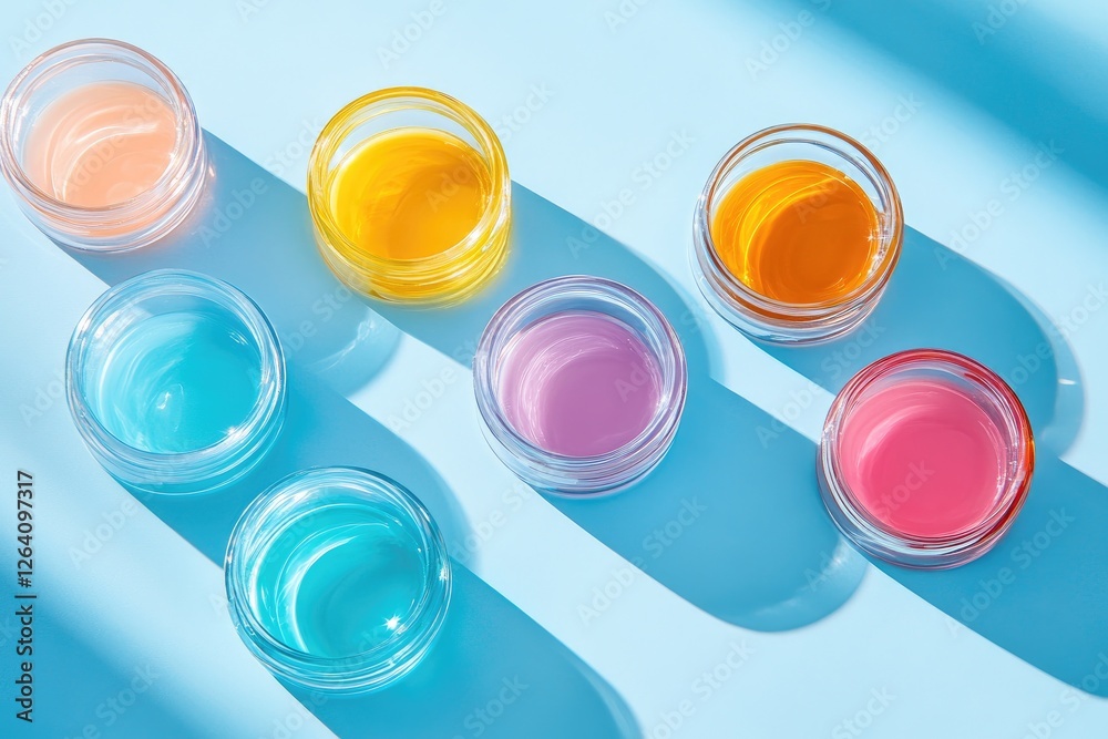 Colorful cosmetic jars display vibrant shades of beauty products Colorful cosmetic jars display vibrant shades of beauty products