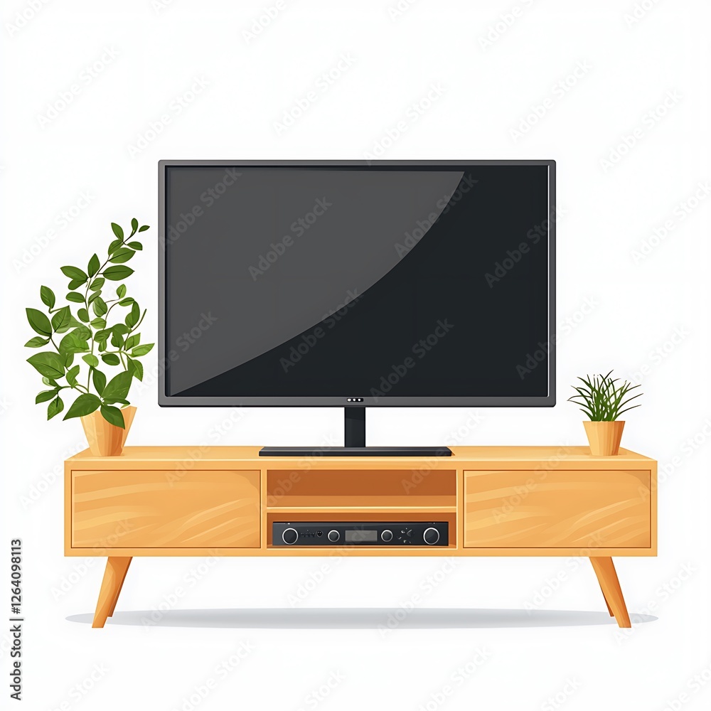 Modern TV Stand with Plants and Entertainment System. Modern TV Stand with Plants and Entertainment System.