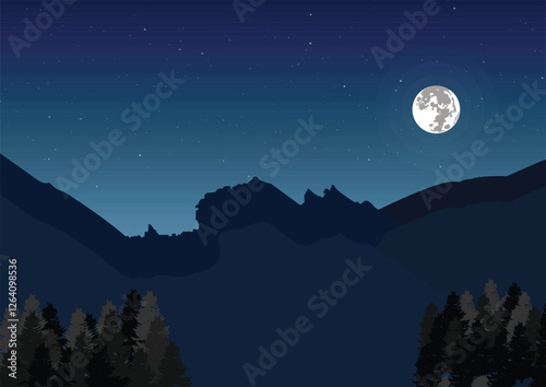 Serene Night Landscape with Moon and Starry Sky: Mountain and Forest Silhouettes