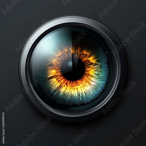 A close-up of a futuristic eye that blends organic and mechanical elements, resembling a camera lens with intricate golden and blue details. A sci-fi inspired vision. AI generated.