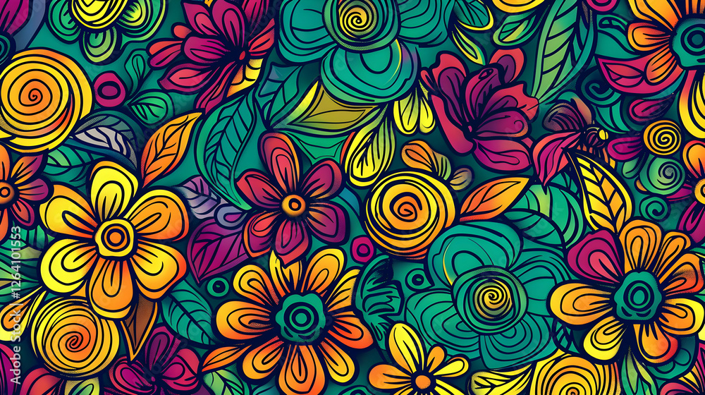 Fototapeta premium Vibrant floral pattern featuring colorful flowers and intricate leaves, suitable for backgrounds