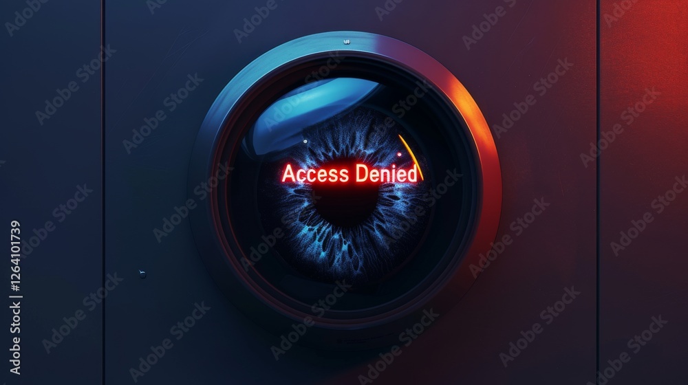 A biometric security system scanning a human eye and displaying a red Access Denied message. The digital interface and cyber-inspired lighting create a futuristic feel. AI generated.