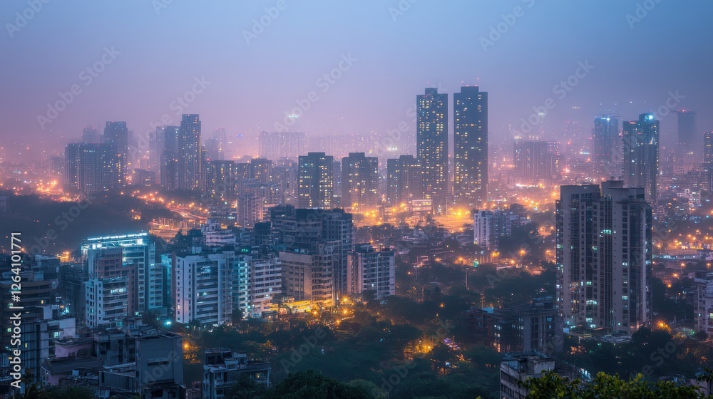 Fototapeta premium Cityscape twilight aerial view, hazy skyline, urban development, night lights, promotional use