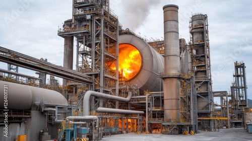 Industrial kiln glowing hot, factory exterior, daytime, cement production
