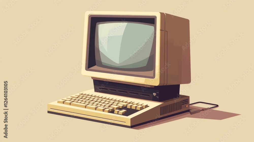 A detailed digital illustration of a vintage CRT computer with a nostalgic retro aesthetic, soft lighting, and classic beige color scheme. AI generated.