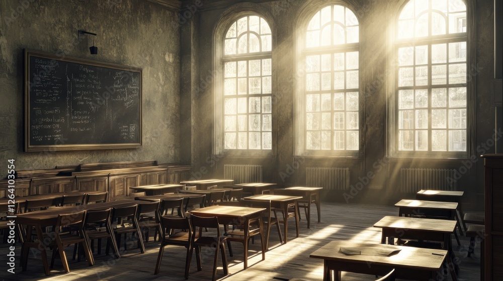 Sunlit Abandoned Classroom, Dusty Desks, Historic Building, Education Sunlit Abandoned Classroom, Dusty Desks, Historic Building, Education