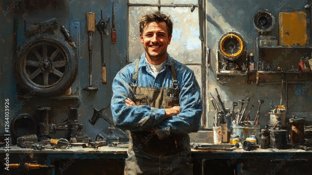 Portrait of a smiling mechanic man standing proudly in his well-equipped workshop Portrait of a smiling mechanic man standing proudly in his well-equipped workshop