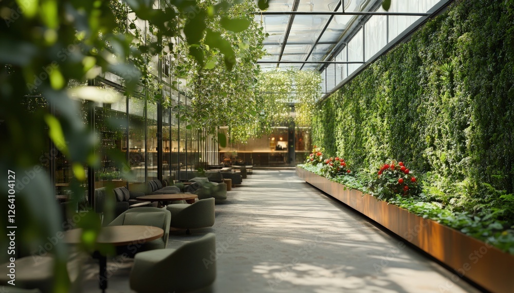 Interior view of a modern dining establishment with lush plant life and a bright open space with natural light Interior view of a modern dining establishment with lush plant life and a bright open space with natural light
