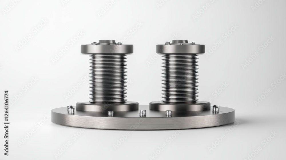 Close-up of Two Industrial Metal Springs on a Circular Base with Detailed Threading and Fasteners Close-up of Two Industrial Metal Springs on a Circular Base with Detailed Threading and Fasteners