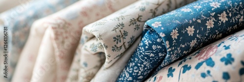 Close up view of beautifully patterned fabrics featuring floral and geometric designs with space for custom text. Generative AI