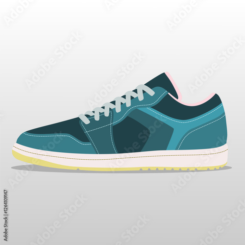 vector illustration of a stylish teal and dark blue sneaker with white laces and a white sole, highlighted by a pink inner lining and a light yellow outsole