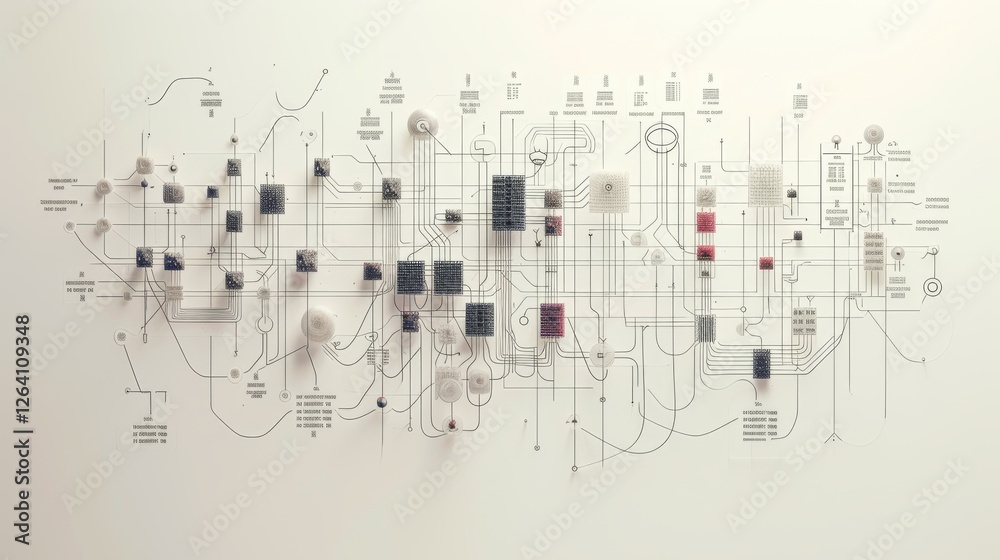 Naklejka premium A visually intricate representation of a digital network, featuring interconnected nodes and circuit lines on a light background, symbolizing data flow and technology. AI generated.