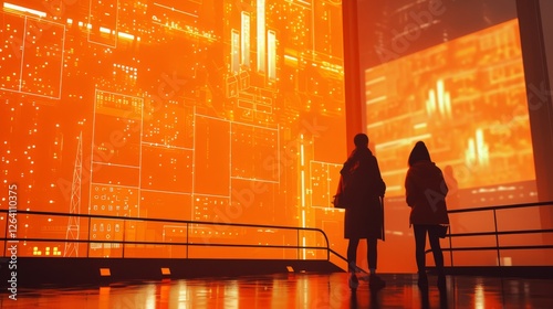 A large financial data screen glows in a futuristic room as silhouetted figures observe stock market trends, symbolizing digital finance and economic insight. AI generated.