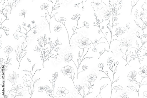 Delicate floral line art seamless pattern on white background