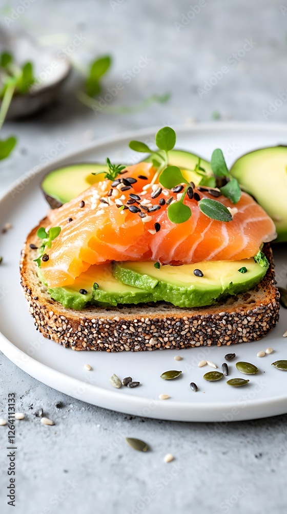 Healthy open sandwich with salmon, avocado, eggs and sunflower seeds Healthy open sandwich with salmon, avocado, eggs and sunflower seeds