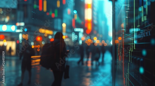 Wallpaper Mural A vibrant cyberpunk-inspired cityscape featuring digital data overlays on glass panels. The glowing urban environment blends technology and modern city life. AI generated. Torontodigital.ca