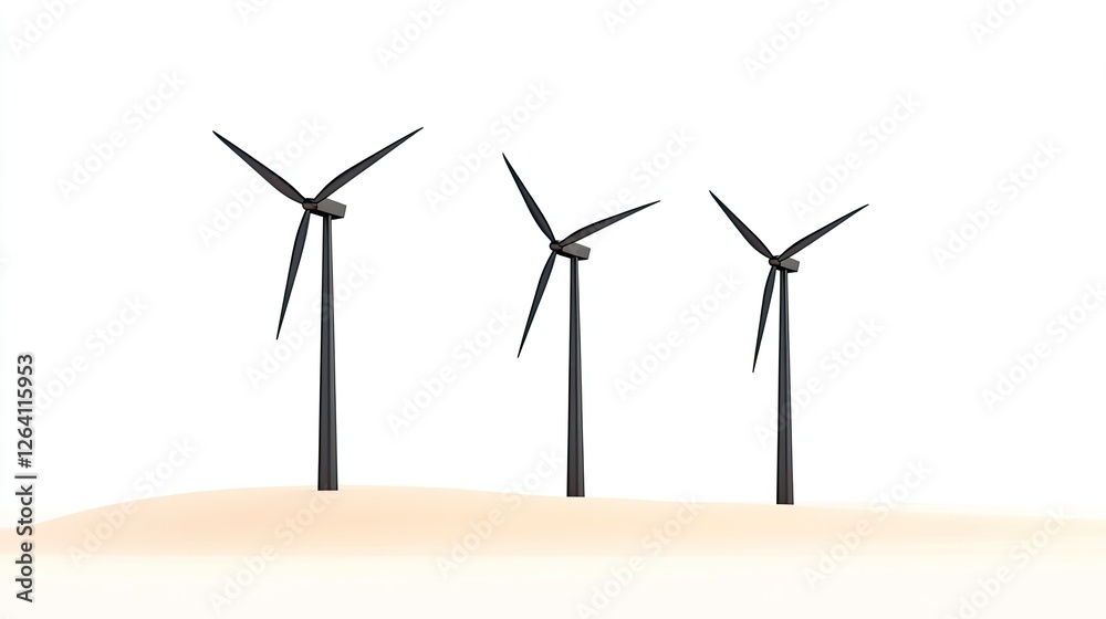 Three sleek wind turbines stand tall on a sandy landscape against a bright sky, symbolizing renewable energy
