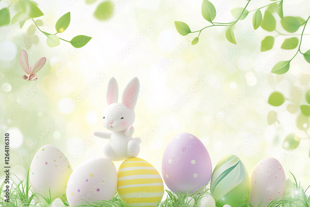 Obraz premium Adorable Easter Bunny with Decorated Eggs in a Spring Garden Setting