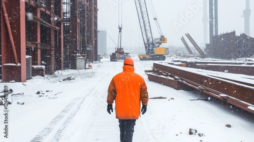Worker walks snowy industrial site, crane, construction