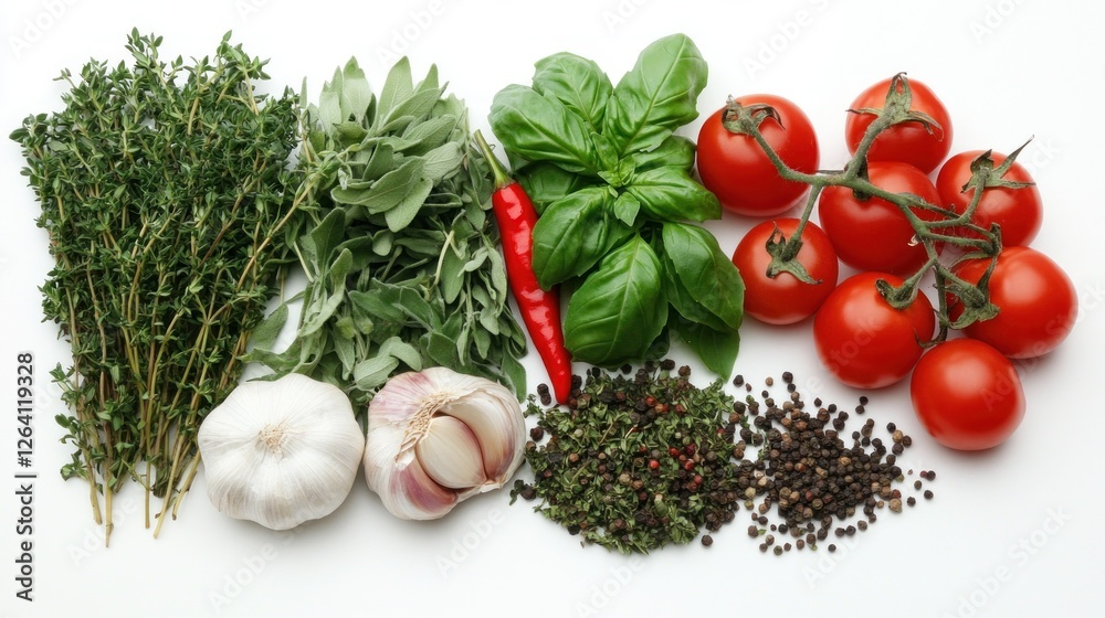 Fresh herbs, spices, garlic, tomatoes on white background; food blog, recipe