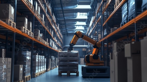 A robotic arm helps stack heavy loads in the warehouse. 