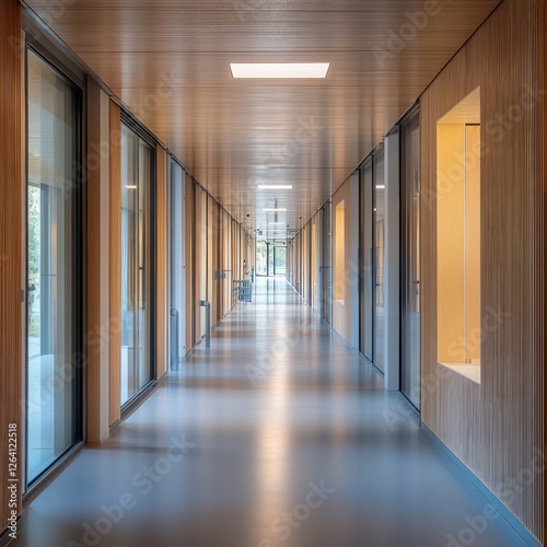 Modern school hallway  wood paneling  glass doors  light   calm background  education brochure