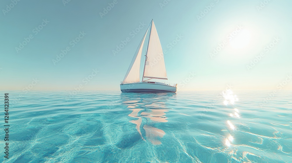Fototapeta premium Sailboat on calm sea; sun shines in blue sky, creating bright water reflection. Vacation background
