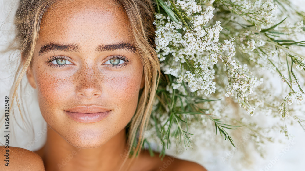 serene outdoor portrait of model with flowers, showcasing natural beauty serene outdoor portrait of model with flowers, showcasing natural beauty