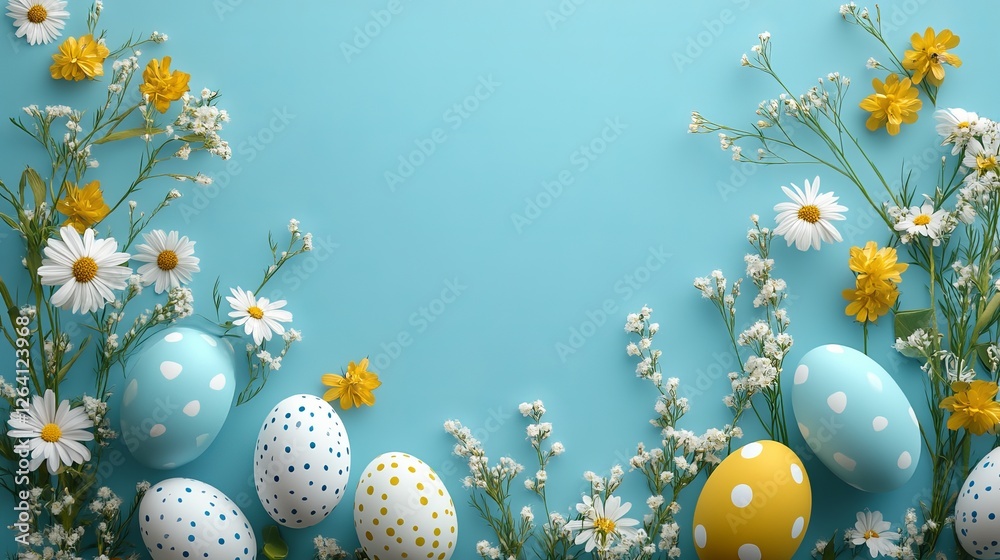 Serene Composition of Delicate White Flowers Nestled Amongst Colorful Eggs on a Calming Blue Background Evoking a Sense of Tranquility and Springtime Joy in a Natural Setting Serene Composition of Delicate White Flowers Nestled Amongst Colorful Eggs on a Calming Blue Background Evoking a Sense of Tranquility and Springtime Joy in a Natural Setting