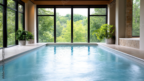 Indoor pool with large windows overlooking greenery  creating serene atmosphere