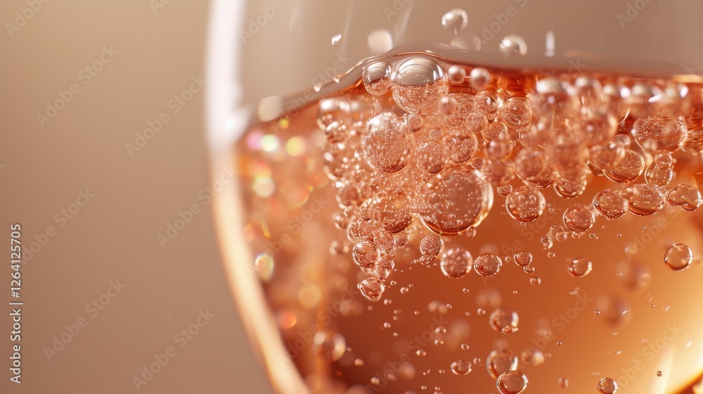 A detailed close-up of a glass of sparkling rose wine, showcasing tiny bubbles rising through the liquid. The soft lighting enhances the effervescence and elegance. AI generated.